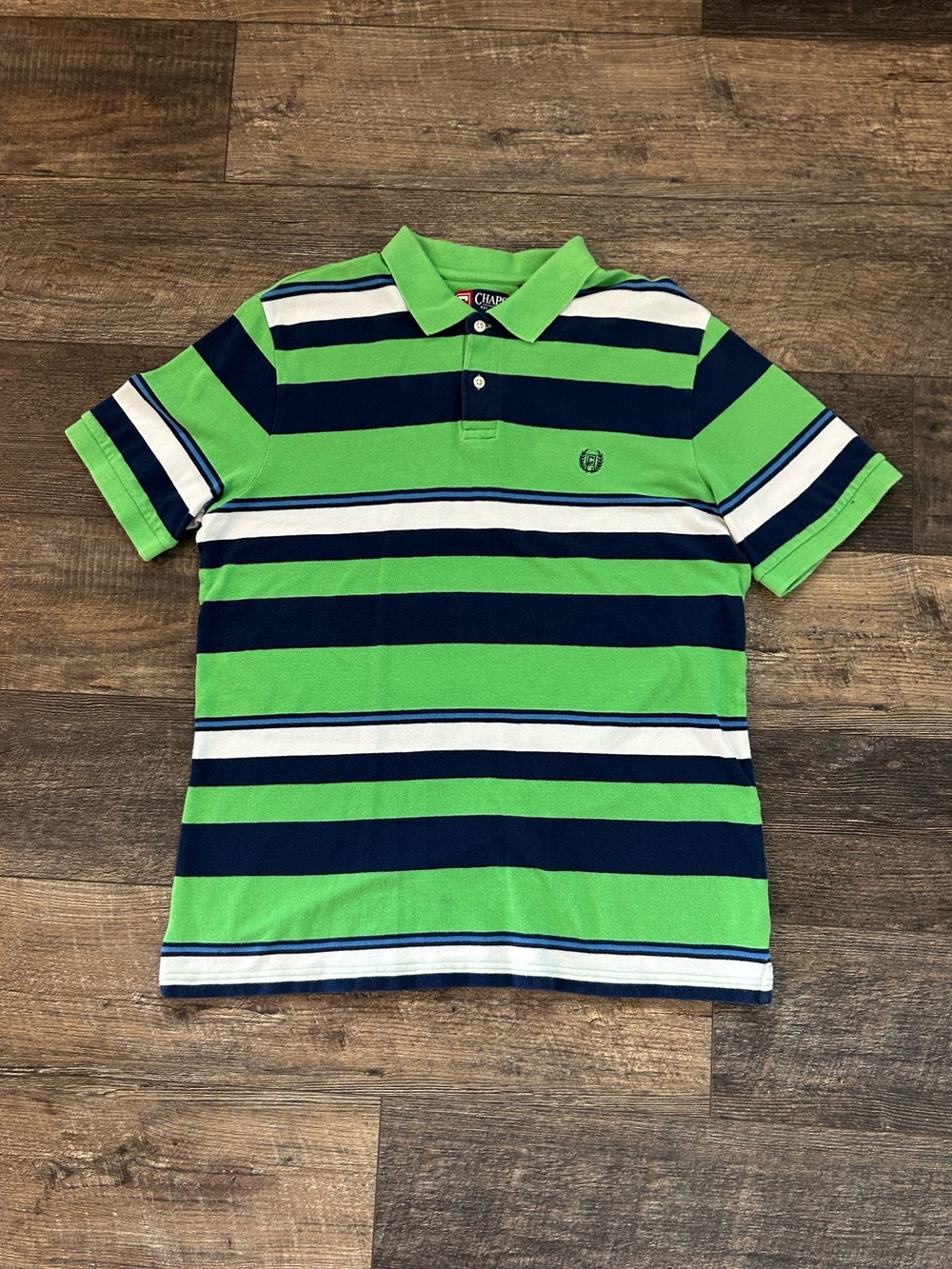 Chaps Rugby Polo Shirt Men’s Sz Large Green Striped Short Sleeve Y2K